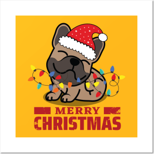 Happy French Bulldog Tangled Up In Christmas Lights Posters and Art